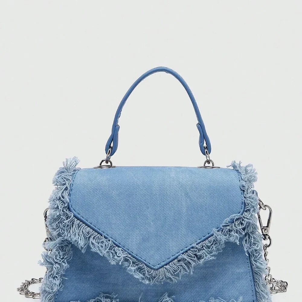 Blue Fashionable Women's Fringed Small Square Chain Crossbody Shoulder Bag